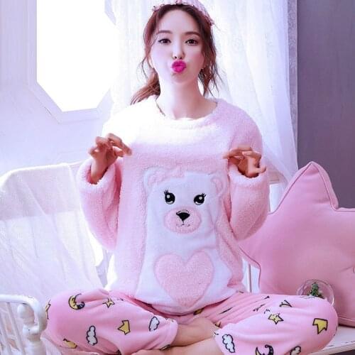 H6021 Pajamas Women Fall Winter Thickened Flannel Household Clothes Girl Long Sleeve Coral Velvet Lovely Cute Cartoon Sleepwear