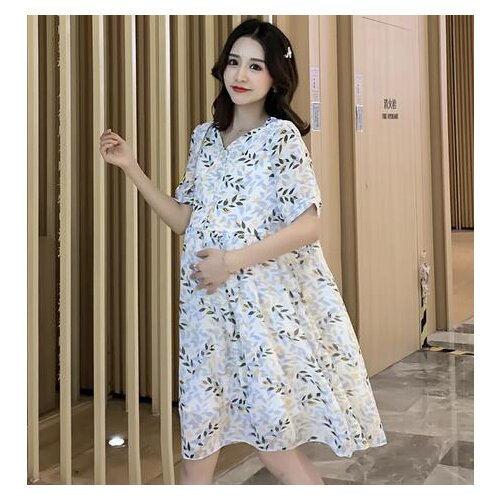 Maternity Dress New Summer Korean Fashion Chiffon Floral Clothes for Pregnant Women Short Sleeve Pregnancy Dress