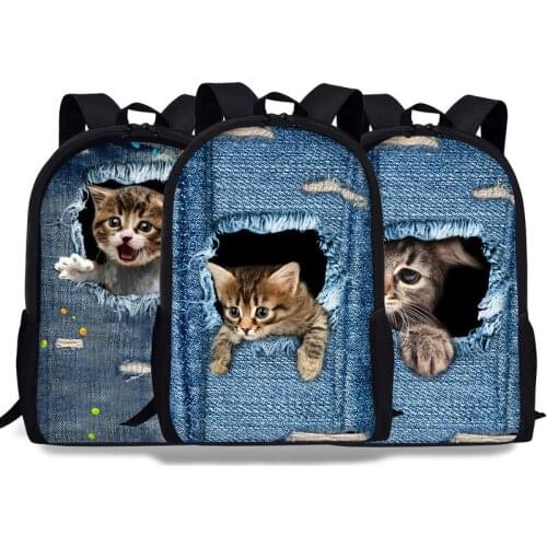Curel Fancl Jeans Cute Women Men Casual Backpack Denim Cat Printing School Backpack For Teenage Boys Girls Student Bagpack Bag
