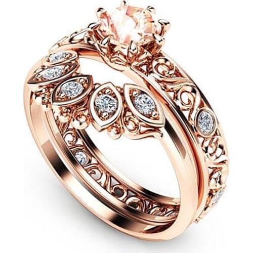 Rose Gold Color Court style Crown Flower Ring Sets for Women Champagne Stone Wedding Engagement Luxury Jewelry Ring Sets