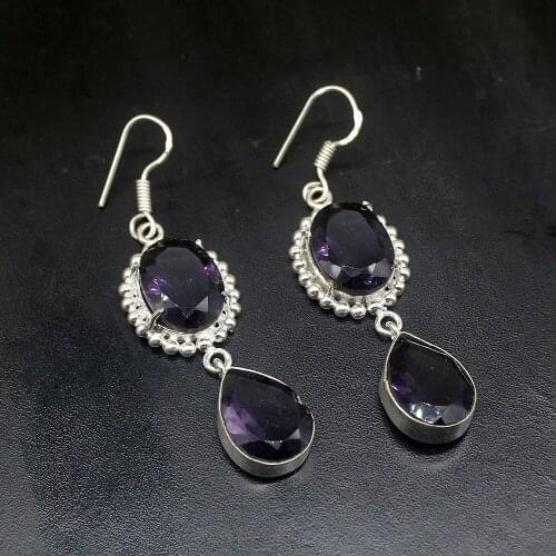 Gemstonefactory Big Promotion Unique 925 Silver Teardrop Lovely Purple Amethyst Women Ladies Gifts Dangle Drop Earrings 20211885