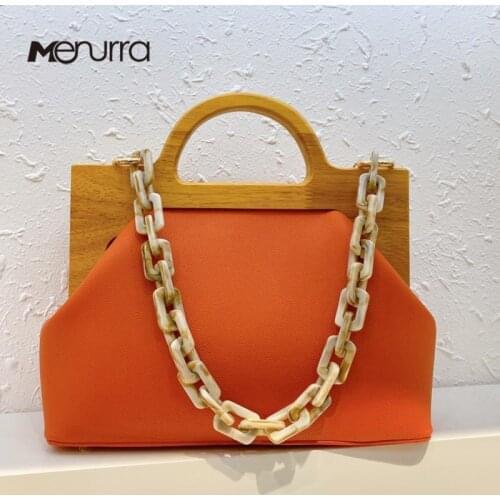 Retro All-match Leather Wooden Clip Handbag Saddle Bag Top Handle Totes Womens Shoulder Messenger Handbag Trend