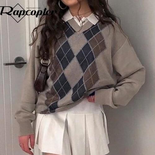 Rapcopter Plaid y2k Sweaters Loose V Neck Knitted Jumpers Prepply Grunge Fairycore Knitwear Women Retro Kawaii Pullovers Autumn