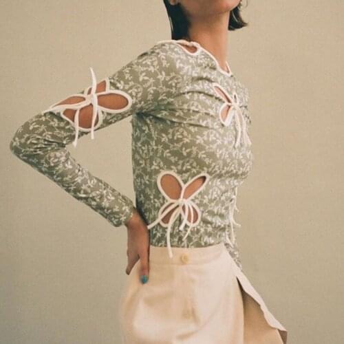 Vintage Butterfly Hollow Out Bandage Long Sleeve T-shirts Streetwear 90s Print O-neck Green Tops Y2K Fashion Outfits