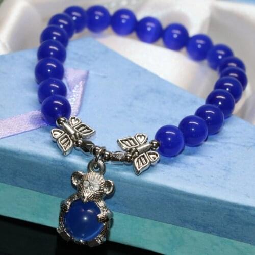Factory outlet unique designcute mouse pendant blue cat eyes opal bracelets for women 8mm round beads jewelry 7.5inch B2170