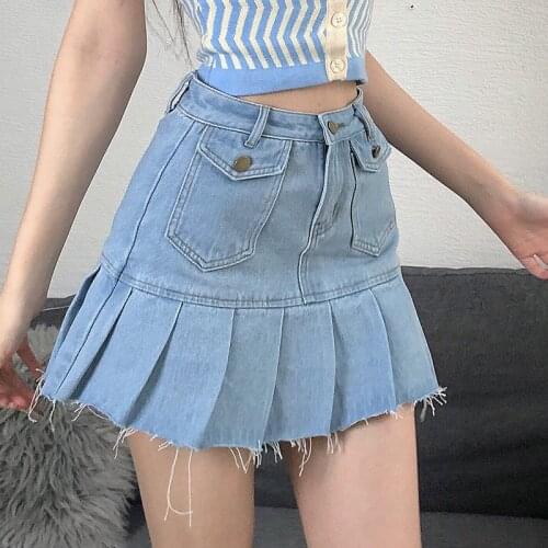 Ladies Jeans Skirt High Waist Pleated Skirt Zipper Mini Skirt Summer New 90S Streetwear Bottom Y2K Tight Blue Skirt