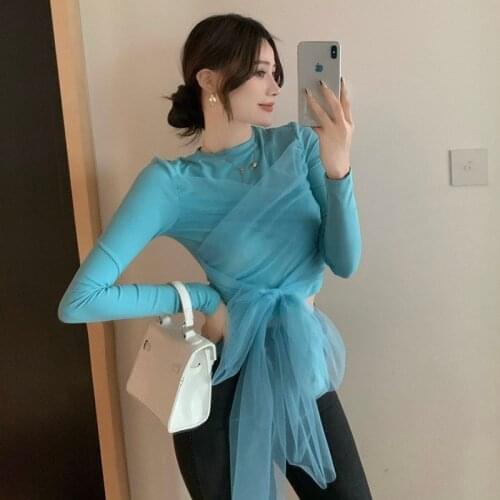 2021 New Korean Blue/white/black Korean Fashion Spring autumn Woman T shirt bowknot lace up Tee shirt female tops
