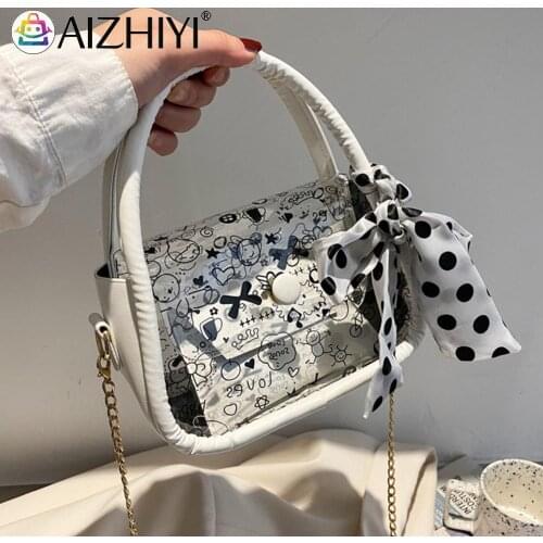 Fashion Women PU Leather Patchwork Transparent Graffiti Printing Crossbody Shoulder Bag Casual Ladies Silk Scarf Chain Handbags