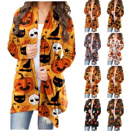 Womens Halloween Animal Cat Pumpkin Print Long Sleeve Cardigan Jacket Women Spring Autumn Thin Lady Jacket Streetwear 2021
