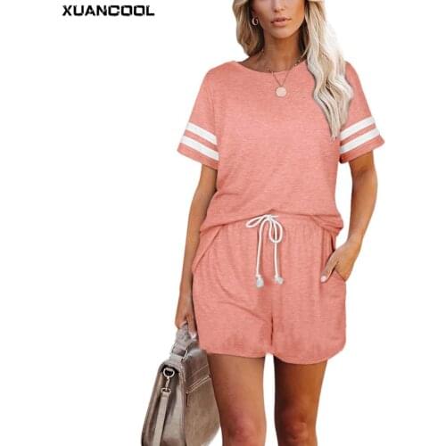 Plus Size Shorts Sets Women Summer Striped Two Pieces Sets Tracksuits Short Sleeve Tops+Jogger Suit Sport Fitness Matching Set