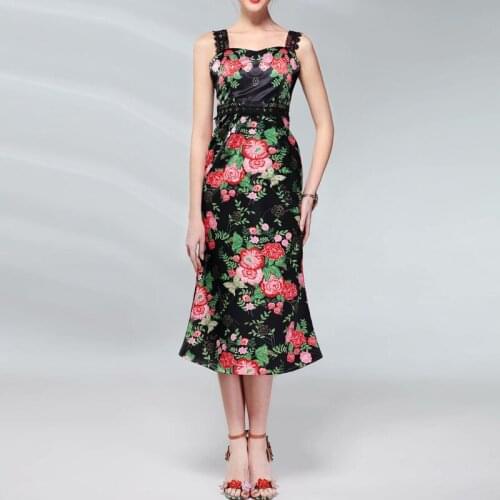 Quality Latest High Paris Fashion Show Summer 2021 Womens Spaghetti Strap Vintage Floral Print Dress