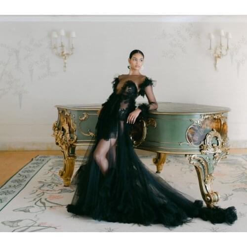 Sexy See Thru Tulle Dresses Long Length Long Sleeves With Train Backless Lace Ruffles Women Photo Shoot Gowns Plus Size