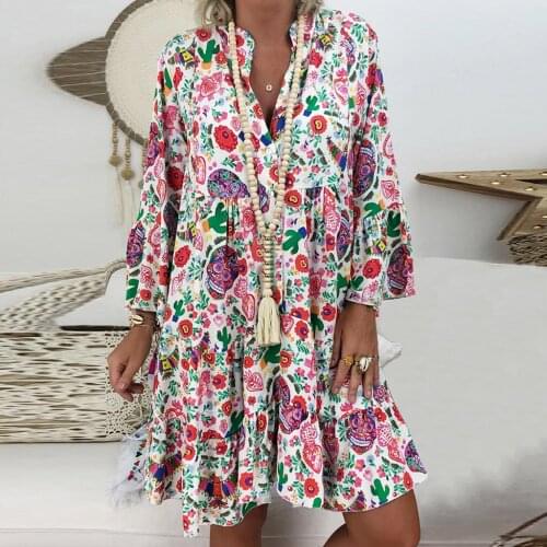 40# Loose Print Womens Dress Bohemian Vintage Elegant V-neck Bohe Summer Dress 2021 Beach Evening Party Dress Платье Летнее