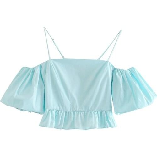 ZXQJ Women 2021 Fashion Jacquard Ruffled Cropped Blouses Vintage Backless Elastic Thin Straps Female Shirts Chic Tops