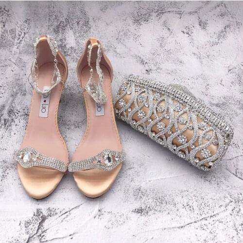 BS1357 Custom Made Bridal Wedding Shoes Sandals High Heels Women Shoes Champagne Crystal Women Shoes with Matching Bag set