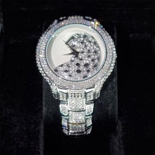 Hip Hop MISSFOX Dropshipping White Leopard Mens Wrist Watches Micro Pave Diamond Quartz Movement Stainless Steel Strap Watch