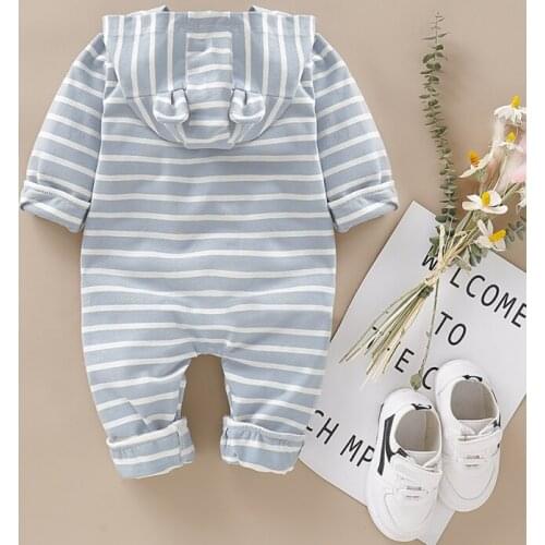 Baby Boy Girl Clothes 0-24M Newborn Winter Cute Striped Print Ear Design Hoodie Jumpsuit Casual Long Sleeve Outerwear