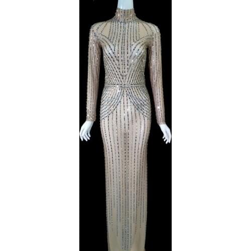 Sparkly Prom Birthday Celebrate Party Rhinestones Long Dress Sexy Transparent Bodycon Dresses Longe Sleeve Singer Stage Wear