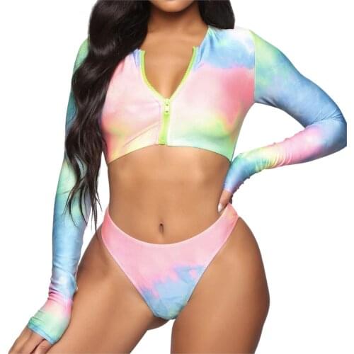 Sexy Swimsuit Women Bandeau Bandage Gradient Print Long sleeve Bikini Set Push-Up Brazilian Swimwear Beachwear Swimming Suit