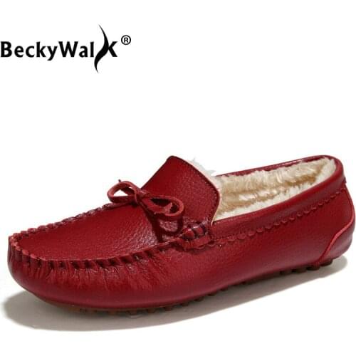 BeckyWalk Winter Plush Women Loafers Genuine Leather Women Flats Shoes Cowhide Comfortable Mother Boat Snow Shoes Woman WSH2711