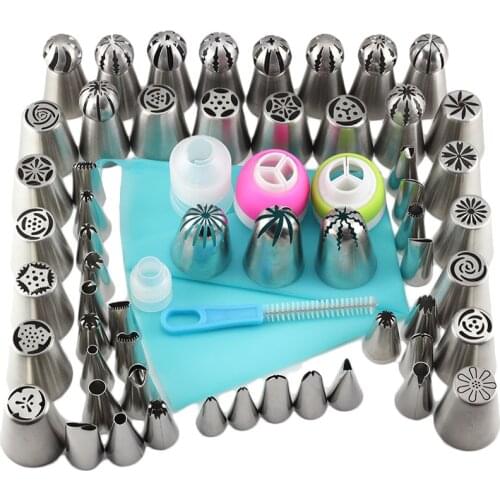 Mujiang 62Pcs/Set Russian Icing Piping Tips 1 Pcs Silicone Bag 4 Coupler Leaf Nozzles Brush Cupcake Cake Decorating DIY Dessert