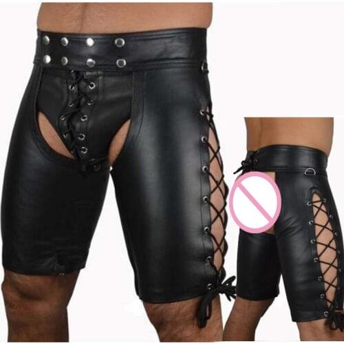 Mens Shorts Summer PU Tight Hollow Out Open Crotch Binding Bermudas Masculina Shorts Fad Bar Club Gay Stage Performance Costumes