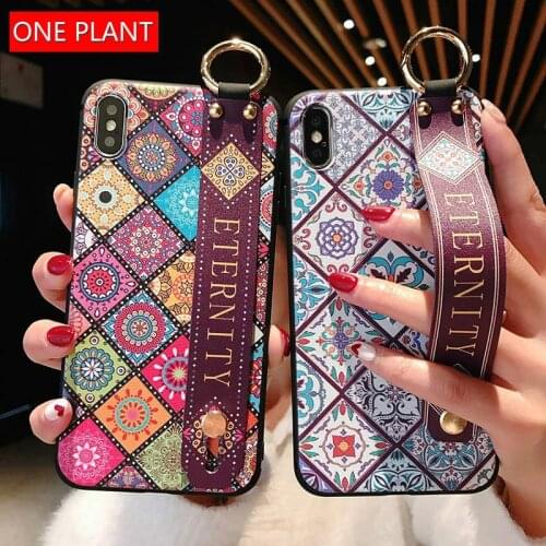 Wrist Strap Soft TPU Phone Case For iPhone 7 8 6 plus Case For iPhone 11 12 Pro X Xs Max Xr Vintage Flower Pattern Holder Cover