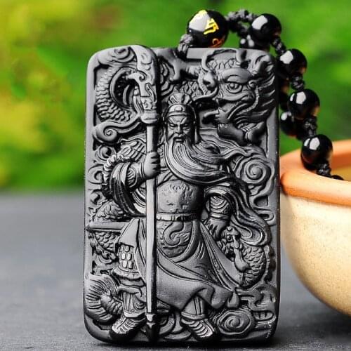 Natural Black Obsidian Dragon Guanyu Jade Pendant Necklace Bead Hand-Carved Fashion Jewelry Accessories Amulet Men Women Gifts