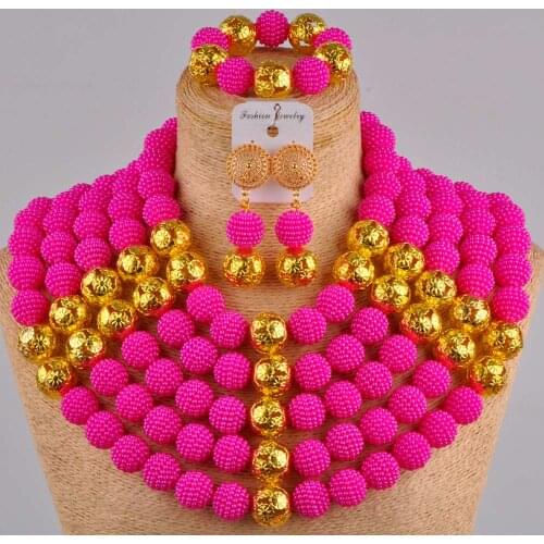 New Imitation Pearl Hot pink Necklace Bracelet Nigeria Wedding Jewelry African Bride Wedding Dress Accessories Set AZ-149