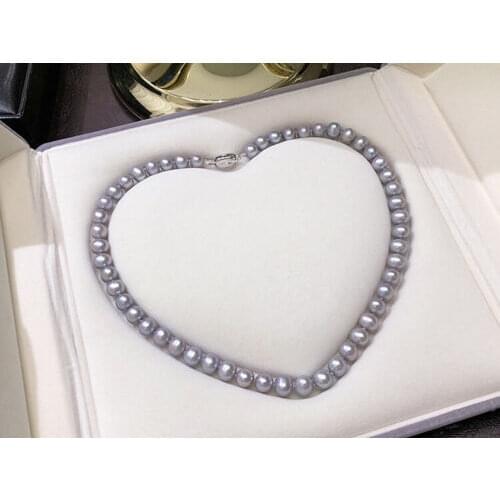 Beautiful natural 8-9 mm tahitian gray pearl necklace 925 Silver CLASP 45cm