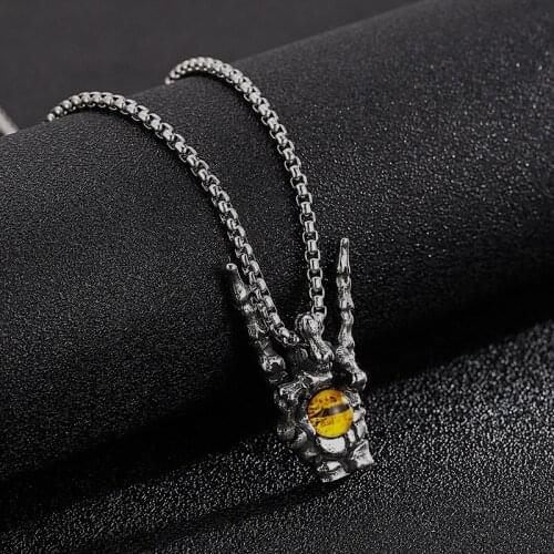 Punk Skeleton Rock&Roll Hand Pendant Necklace for Men Fashion Rock Hand Gesture With Demon Eye Necklace Hiphop Biker Jewelry