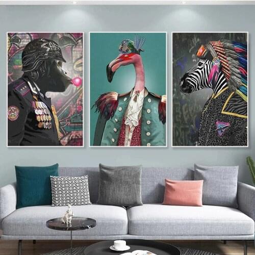 Animals wear clothes Print Posters Abstract Graffiti Wall Art Orangutan Zebra Flamingo Canvas Kid Bedroom Fashion Mural Painting
