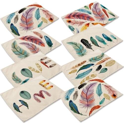 Colorful Feathers Placemat Cotton Linen Western Pad Insulation Dining Table Mat Bowls Coasters Cup Holder Kitchen Accessorie