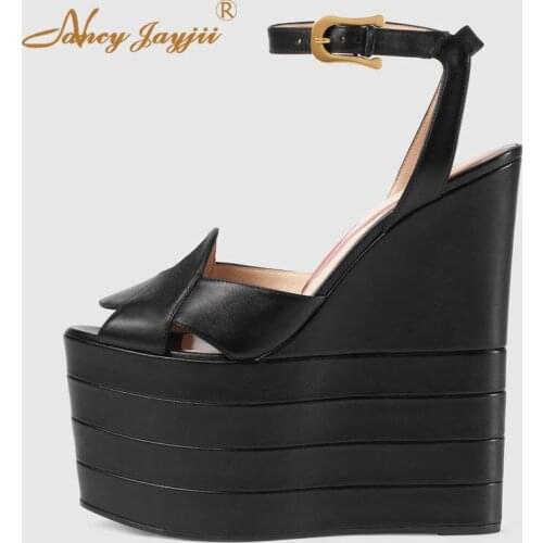 Genuine Leather Black Nude Blue Sandals Platform Wedges Shoes For Women 20CM Super High Heels Dress Party Summer Elegant Noble