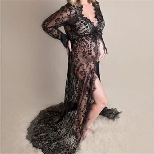 Sexy Maternity Long Dress Pregnant Women Deep V-Neck Long Sleeve Lace Beach Dresses See-through Maxi Dress For Photograph Photo