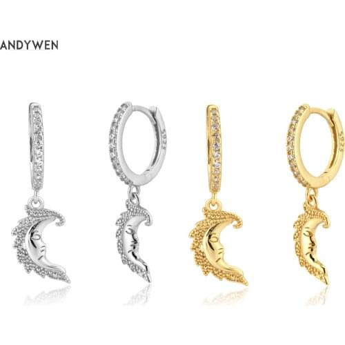 ANDYWEN 925 Sterling Silver 8.5mm Moon Face Pendant Luxury Earring Pendiente Piercing Fashion Fine Jewelry Wedding Party