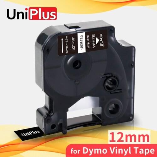 UniPlus White on Black Label Tape Compatible Dymo 1805435 Vinyl Tape 12mm for Dymo Rhino Label Maker 4200 6000 5200 5.5m Long