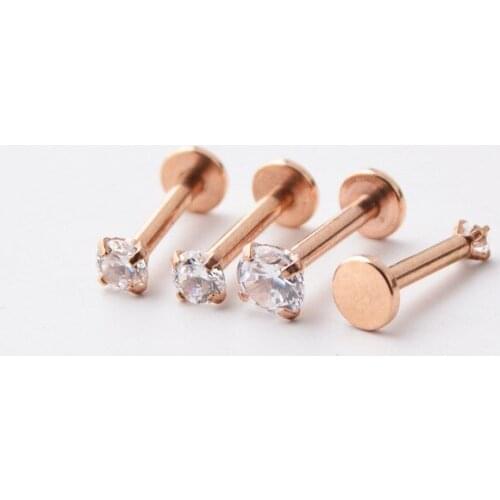 Fashion Women Color Rose Gold Black Titanium Steel Puncture Round Flat Labret White Stones Crystal Earrings Piercing Jewelry