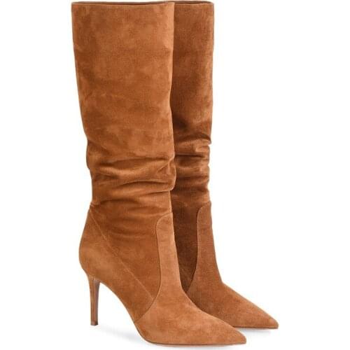 Winter Women Boots Pointed Toe Suede Brown Thin High Heel Fashion Middle Tube Knee Length Womens Long Chelsea Boot Shoes Botas