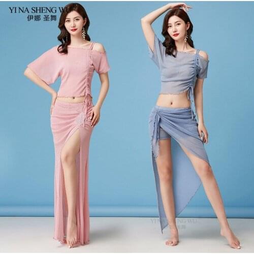Women Belly Dance Costume Sexy Off-Shoulder Top And Short/Long Skirt Side Slit 2pcs Set Oriental Dance Practice Set For Adult