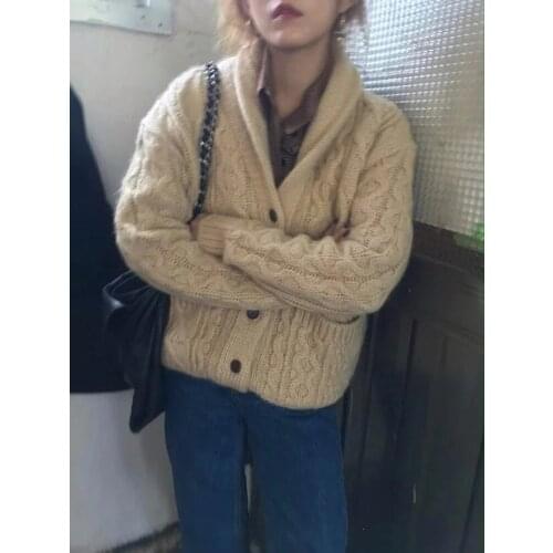 Women Sweater 2020 Winter New Thick Needle Hollow Twist Knit Long-sleeved Couple Solid Color Cardigan