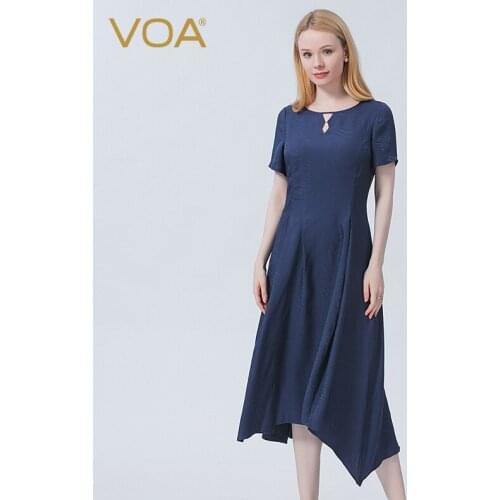 VOA Silk Jacquard Round Neck Blue Beaded Pullover Fold Invisible Side Pull Printing Process Summer Womens Dress 2021 AE1010