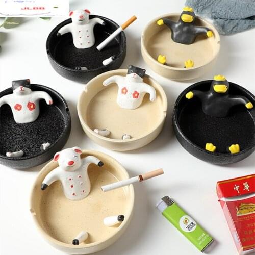 Animal Ceramic Ashtray Cartoon Pig/cat/duck Bath Style Ashtray Round Decorative Ash Storage Tray Organize Box Portable Ashtrays