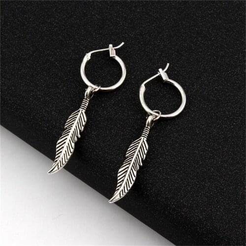1pair Ethnic Vintage Silver Color Feather Pandent Hoop Earrings For Women Circle Earring Hoops Earing Aretes Jewelry
