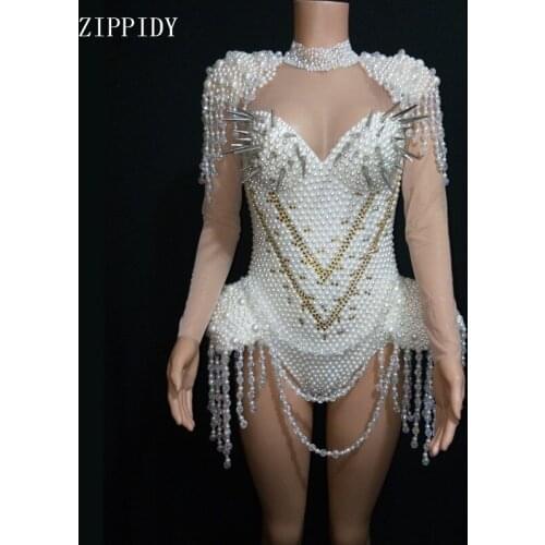 White Luxurious Crystals Pearls Chains Bodysuit Sexy Tranparent Leotard Costume Birthday Party Tassels Costume Nightclub outfit