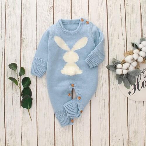 Baby Rompers Cute Rabbit Pom Pom Newborn Toddler Jumpsuit Outfit Long Sleeve Autumn Infant Girl Boy Winter Clothing Knitted Warm