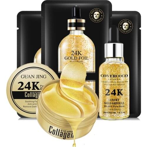 24K Collagen Eye Mask&Face Mask&Face Serum Set Dark Circles Remove Anti Wrinkle Gel Bright Skin Moisturizing Skin Care Beauty