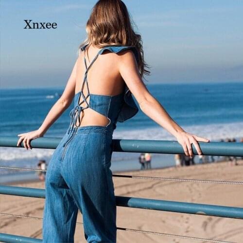 Summer Jeans Rompers New Womens Square Collar Jumpsuit Backless Stitching Pocket Lace Up Ruffle Denim Cropped Trousers Outfits