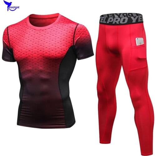 Compression T Shirt+Tights Mens Running Set Jogging Tracksuit Male Gym Fitness Crossfit Sportswear Tees Tops Leggings Sport Suit