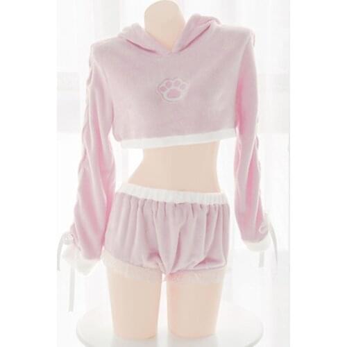 Cute Two Piece Sets Soft Pink Pijamas Women Kawaii Pajamas Long Sleeve Sleepwear with Rabbit Tail Shorts Lingerie Home Clothes